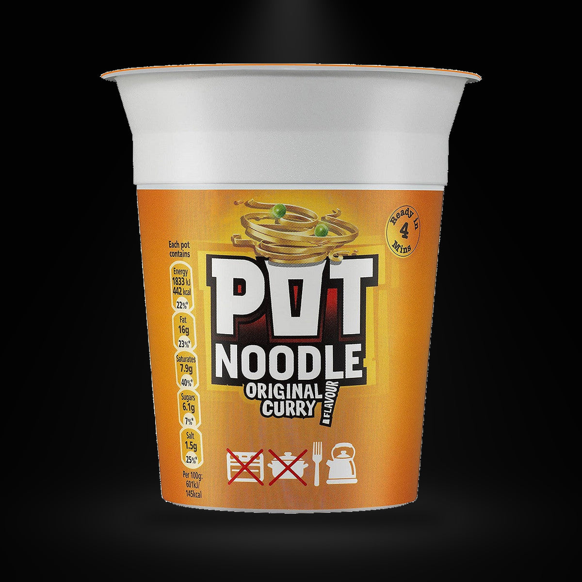 Pot Noodle Original Curry on a black background with an overhead spotlight
