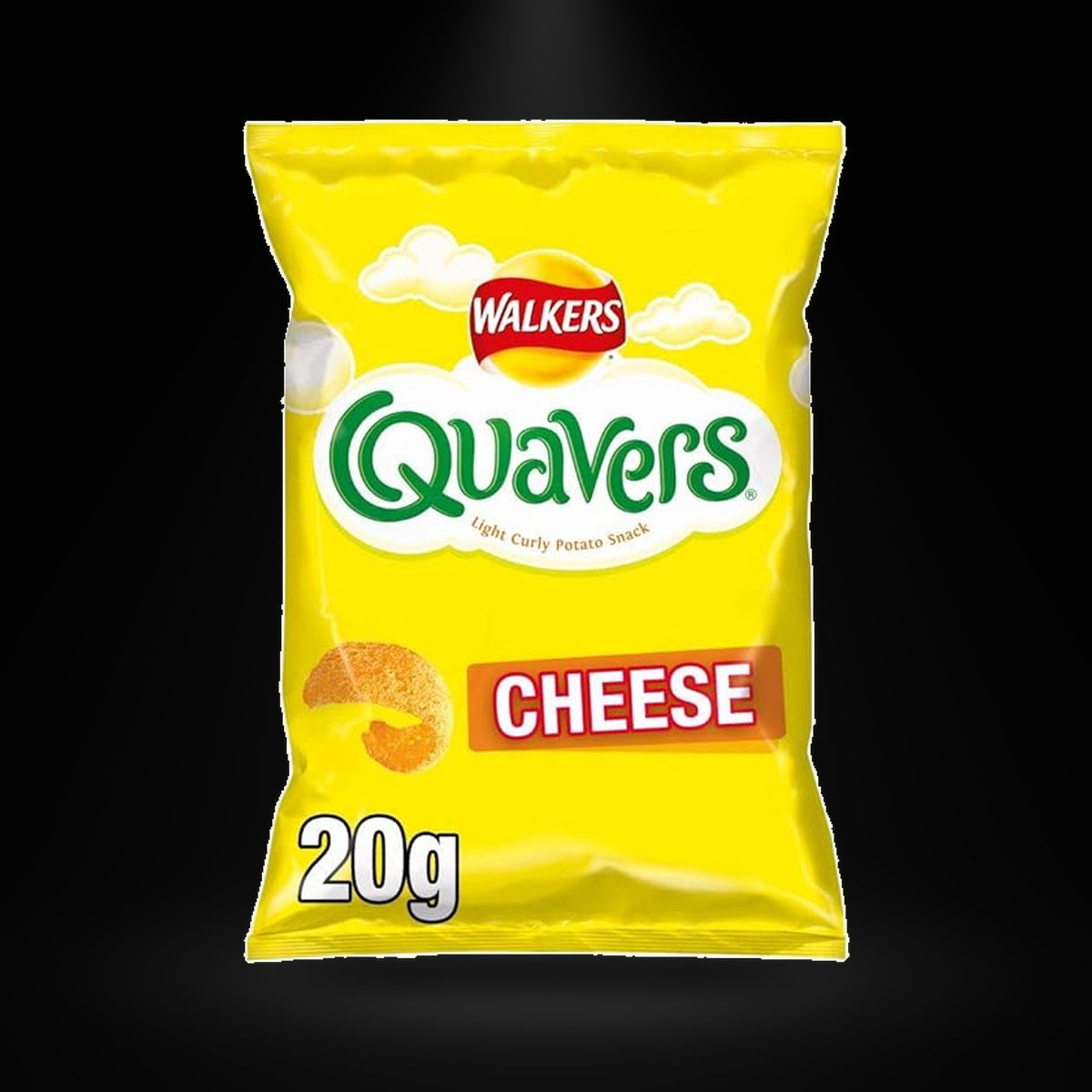 Quavers Cheese 20G on a black background with an overhead spotlight