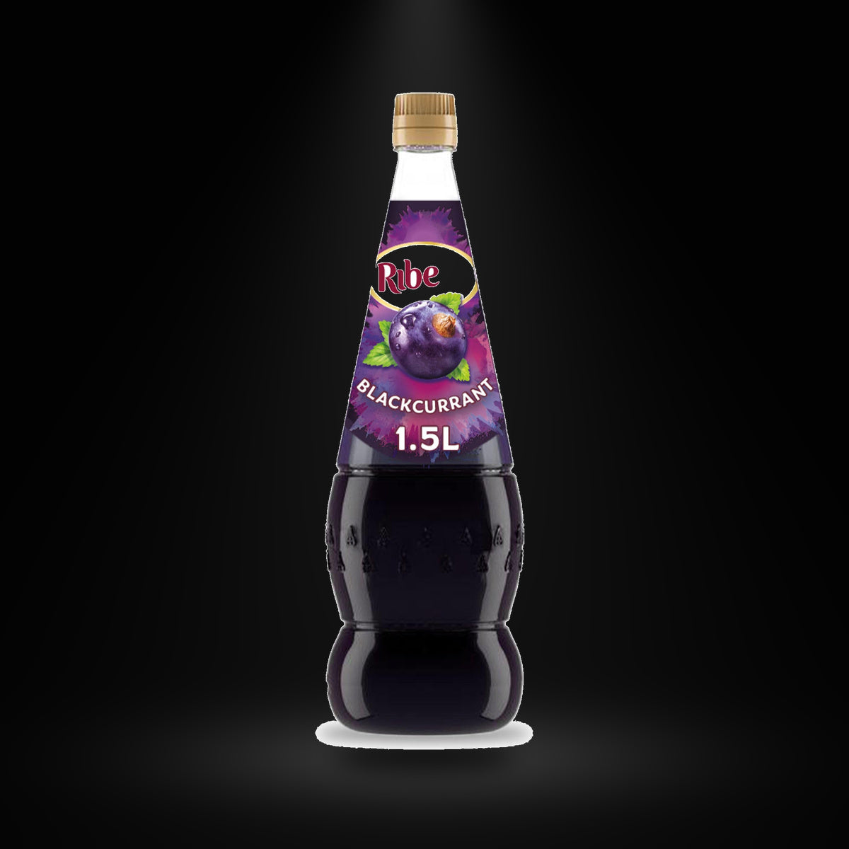 Ribena Blackcurrant 1.5L on a black background with an overhead spotlight