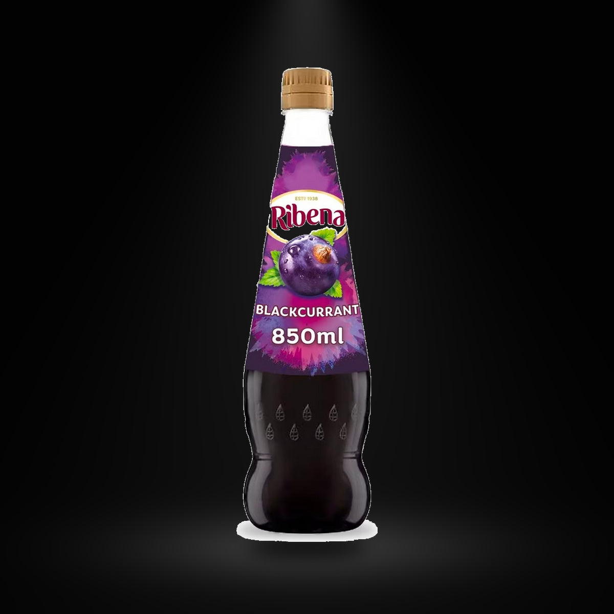 Ribena Blackcurrant 850ml on a black background with an overhead spotlight