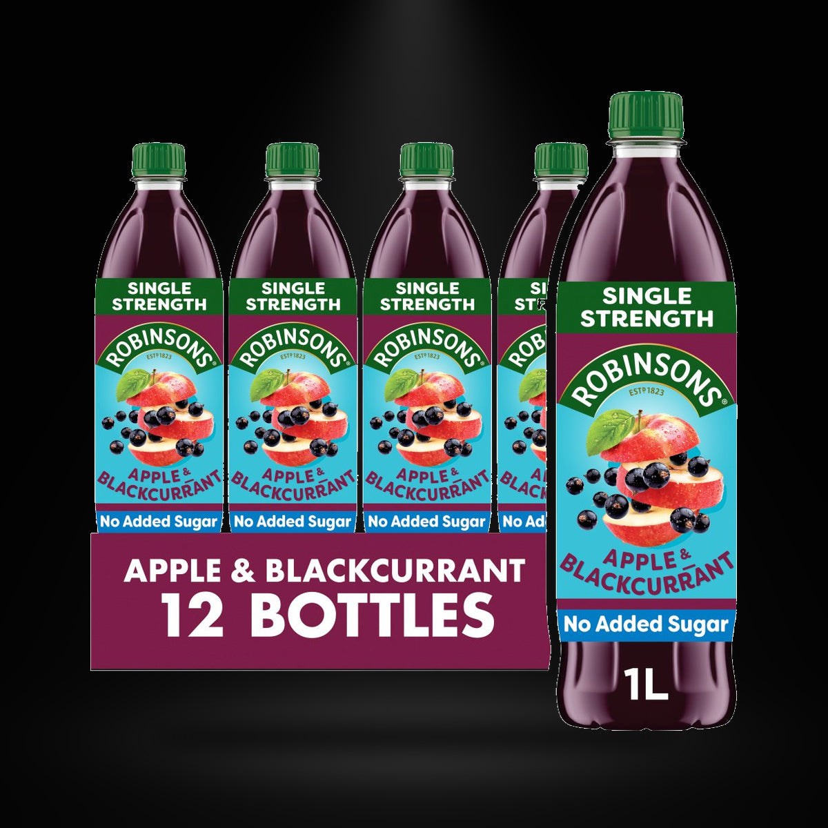 Robinsons Apple Blackcurrant 1L on a black background with an overhead spotlight