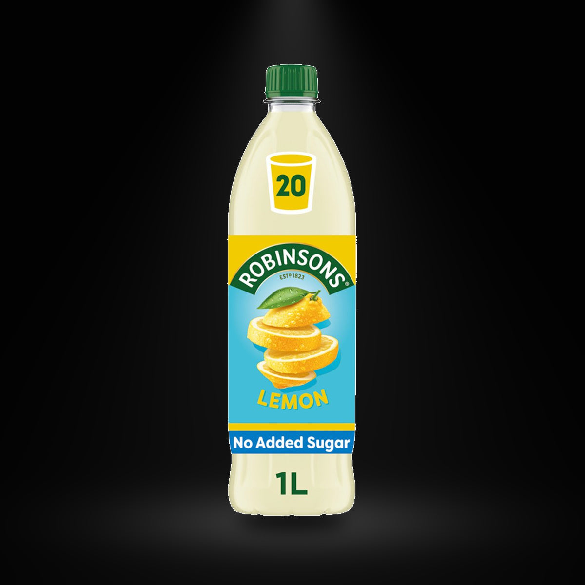 Robinsons Lemon 1Litere on a black background with an overhead spotlight