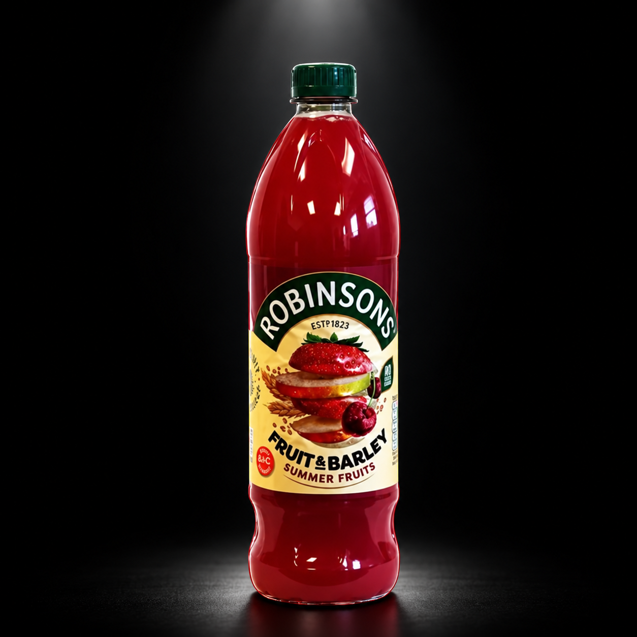 Robinsons Fruit&Barley Summer Fruits 1L on black background with overhead spotlight
