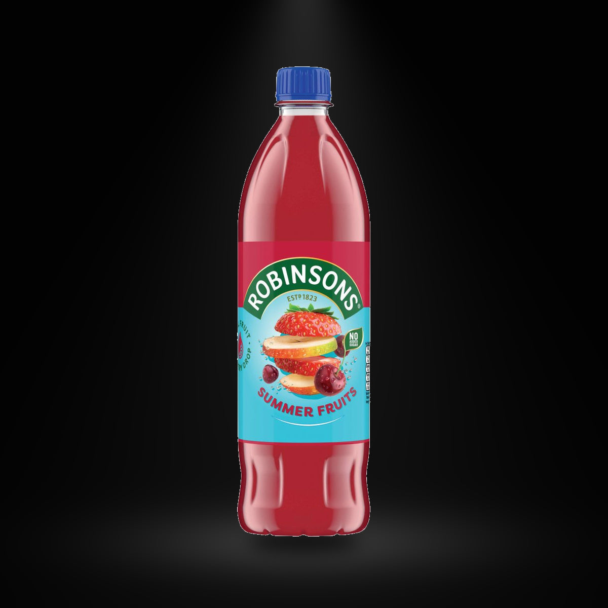 Robinsons Summet fruits 1L on a black background with an overhead spotlight