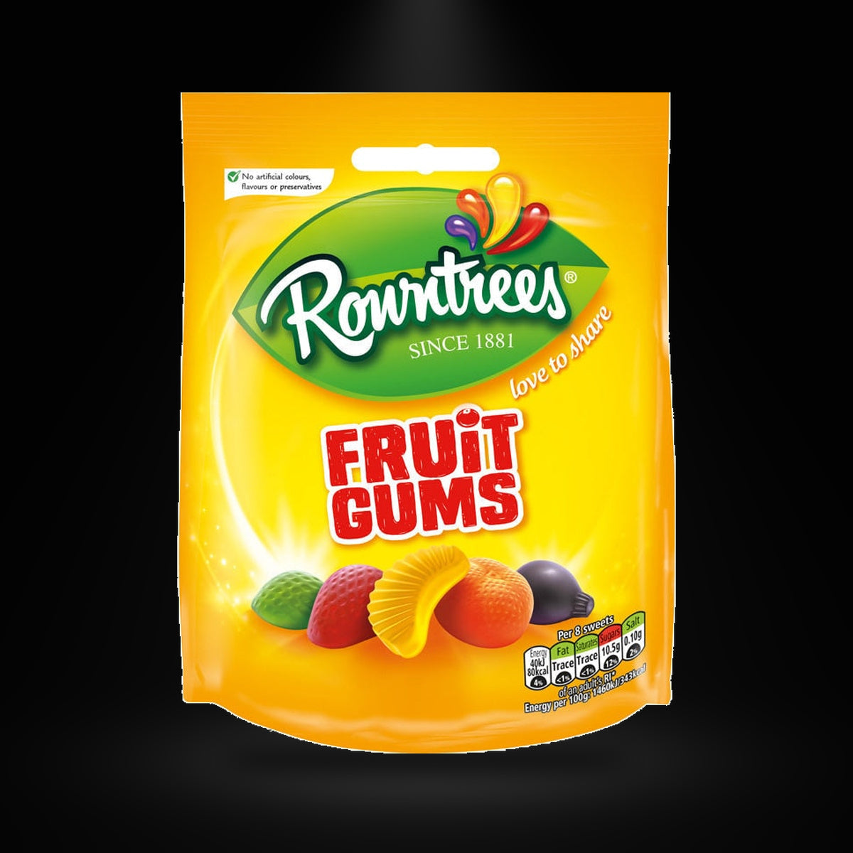 Rowntrees fruit gums pouch on a black background with an overhead spotlight