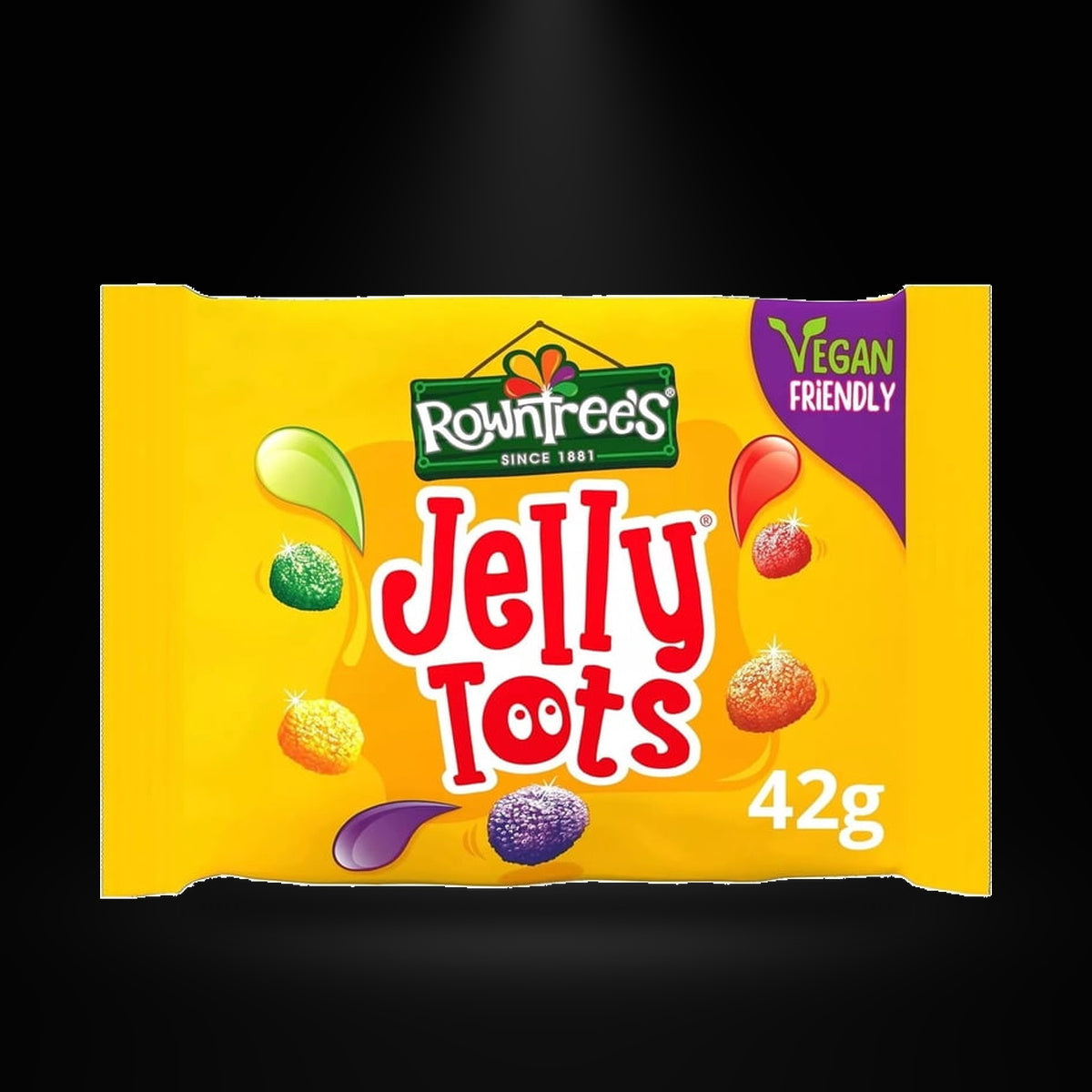 Rowntrees Jelly tots 1.4 oz on a black background with an overhead spotlight