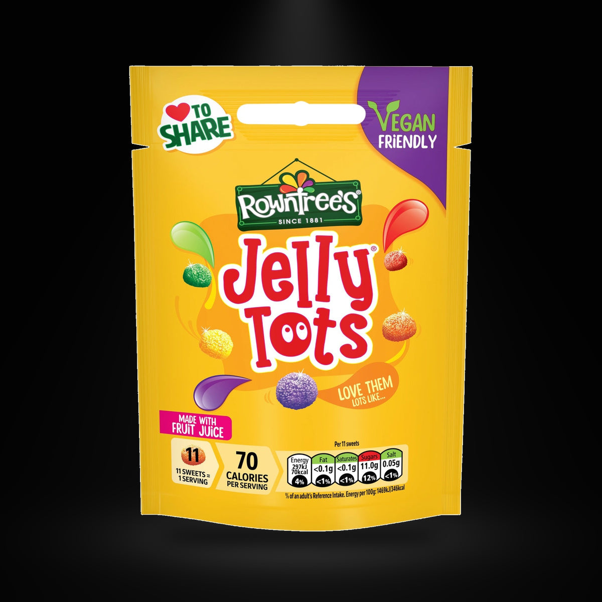Rowntrees Jelly Tots Pouch on a black background with an overhead spotlight