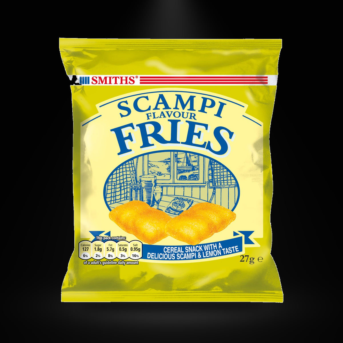 Scampi Fries 27G on a black background with an overhead spotlight