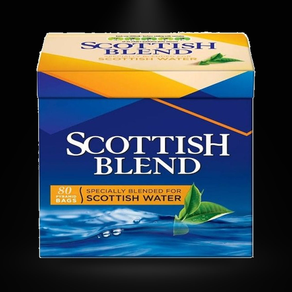 Scottish Blend Teabags 80's on a black background with an overhead spotlight