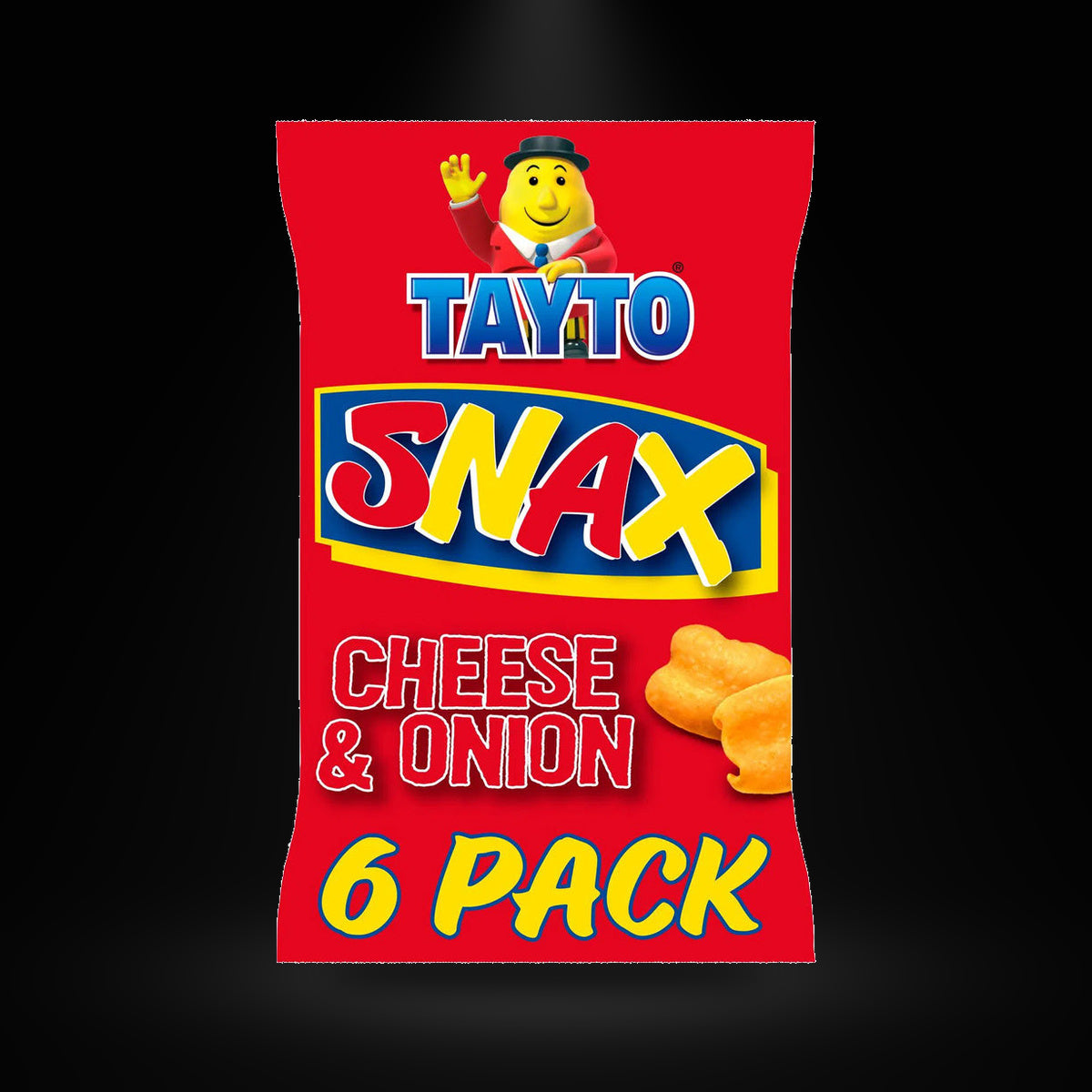 Snax 6pk 102G on a black background with an overhead spotlight