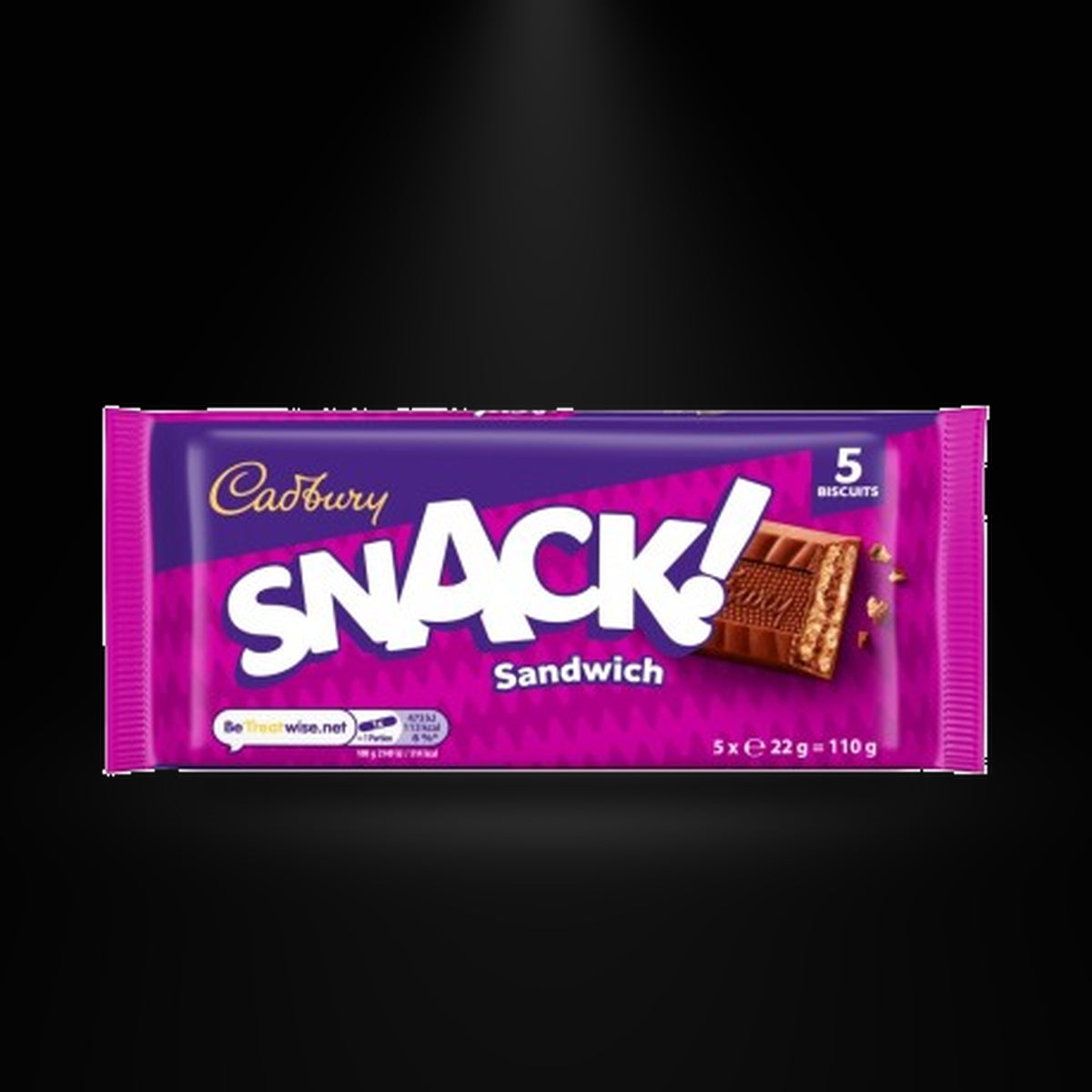 Cadbury Snack Sandwich 5 Pack 110g on a black background with an overhead spotlight