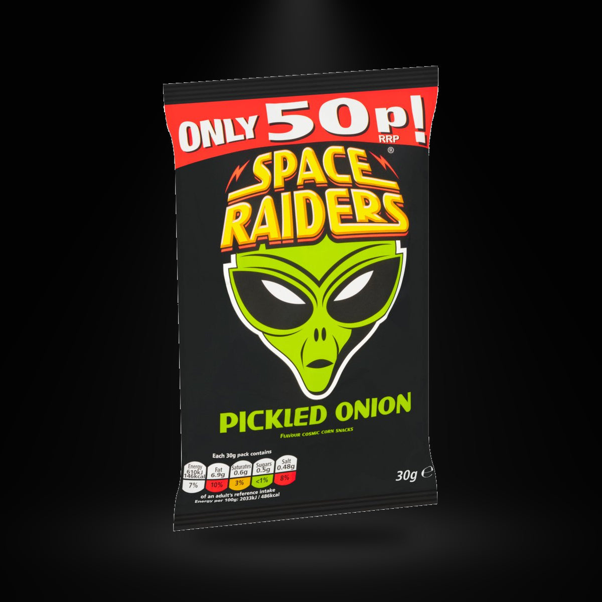Space Rider Pickled Onion 30G on a black background with an overhead spotlight