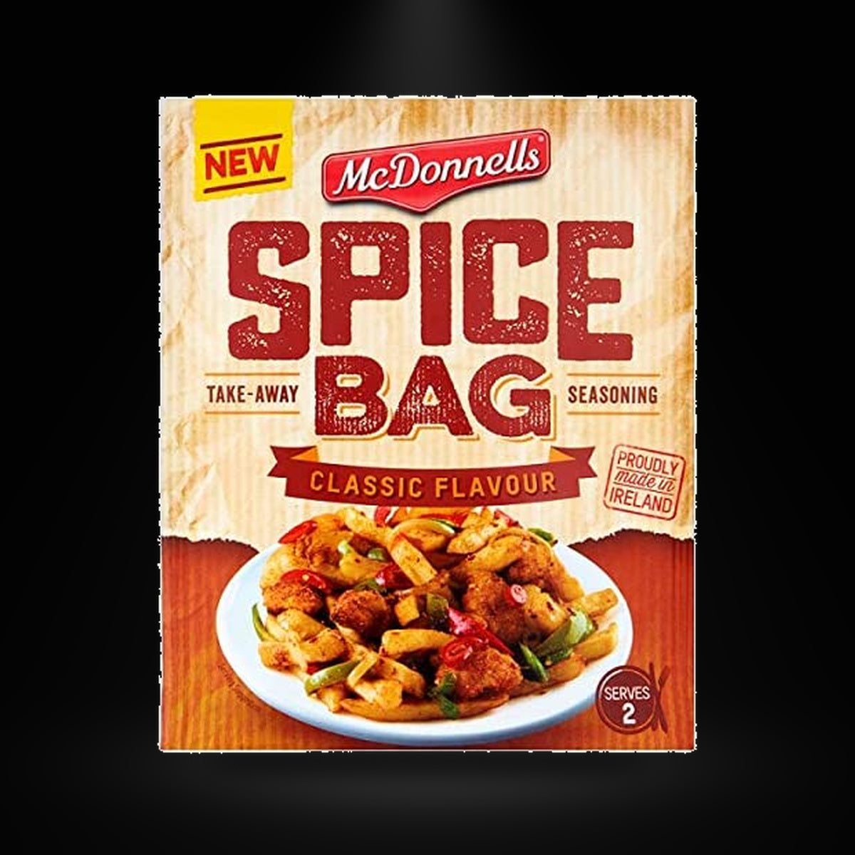 Spice Bag Original on a black background with an overhead spotlight