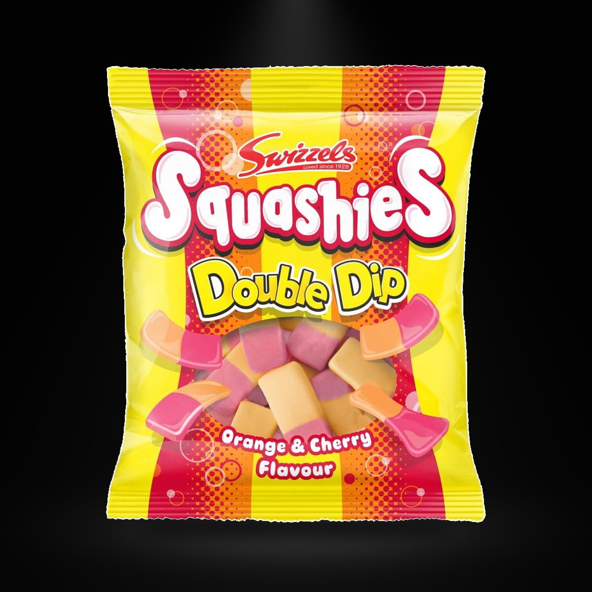 Squashies Double Dip Orange and Cherry 120gm on a black background with an overhead spotlight