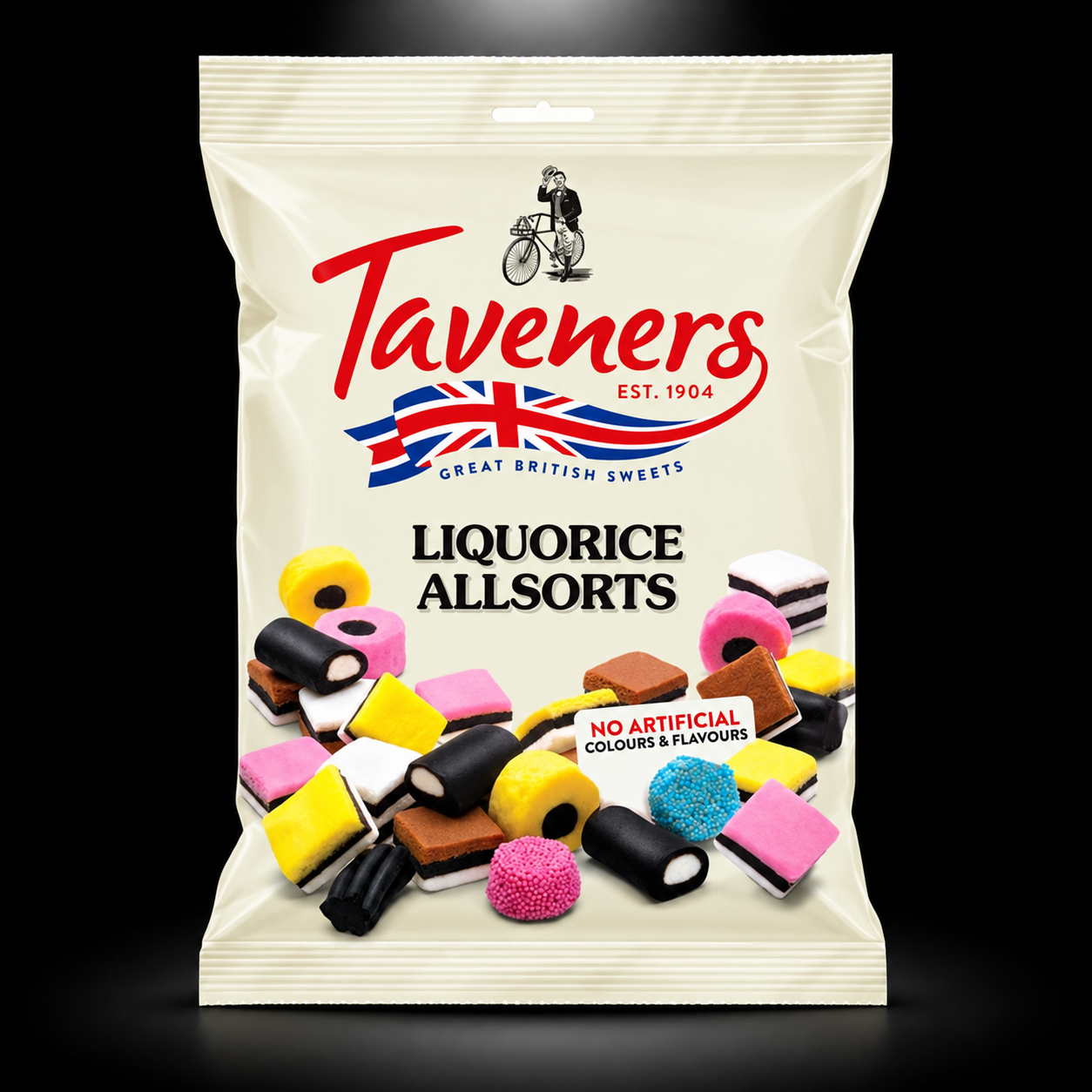 Taveners Liqorice Allsorts on black background with overhead spotlight