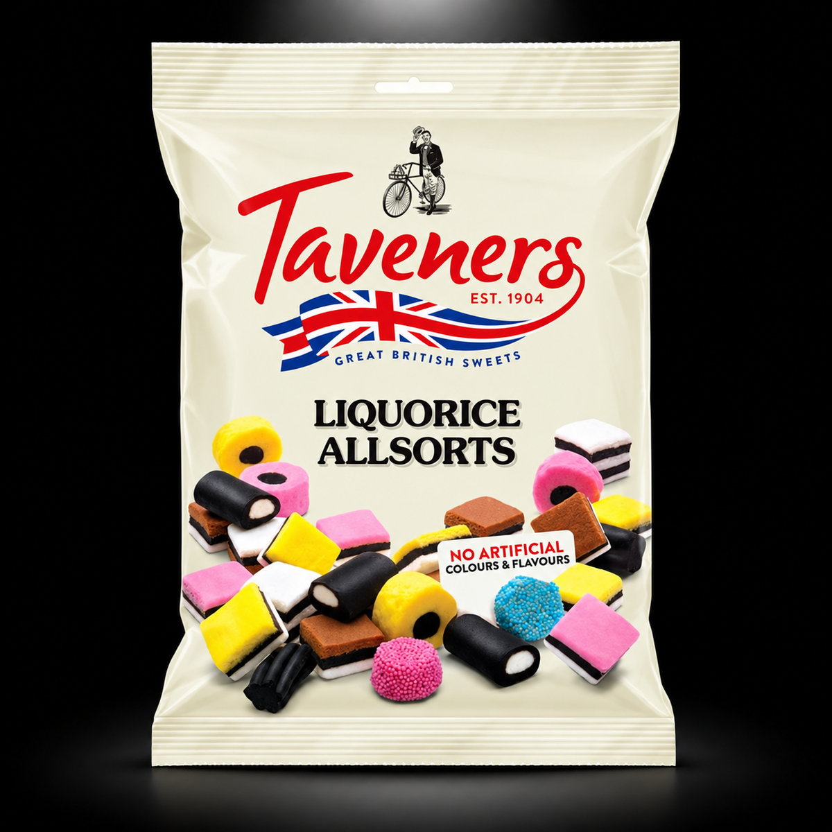 Taveners Liqorice Allsorts on black background with overhead spotlight