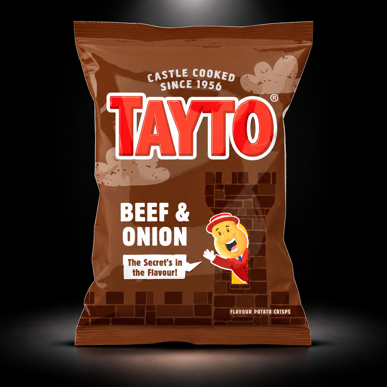 Tayto beef n onion on black background with overhead spotlight