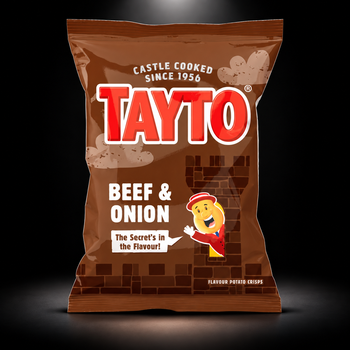 Tayto beef n onion on black background with overhead spotlight