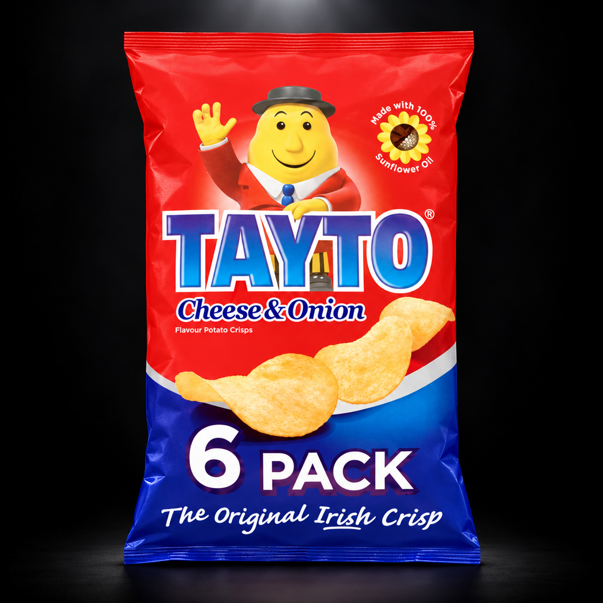 Tayto Cheese & Onion 6-Pack on black background with overhead spotlight
