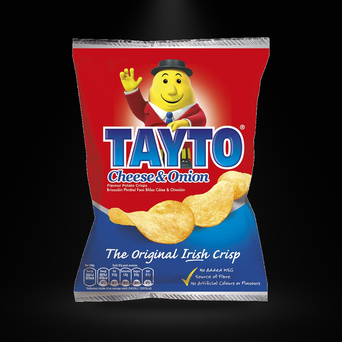 Tayto chz n onion on a black background with an overhead spotlight