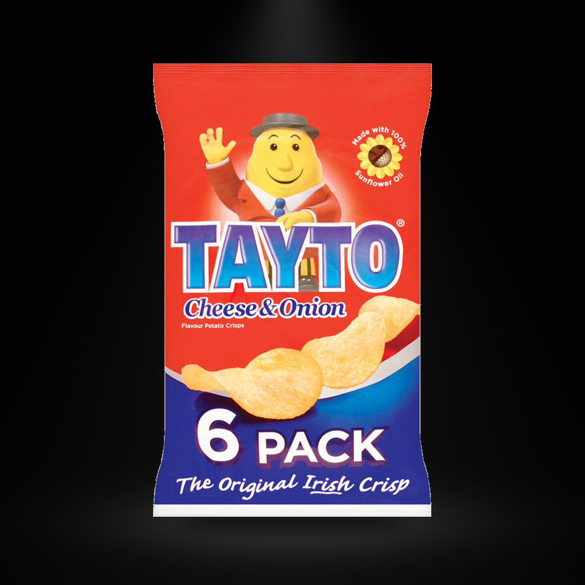 Tayto Chz onion 6pk on a black background with an overhead spotlight