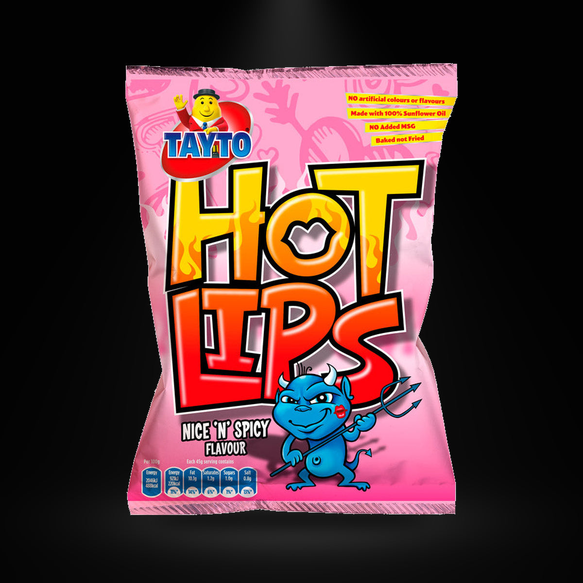 Tayto Hotlips on a black background with an overhead spotlight