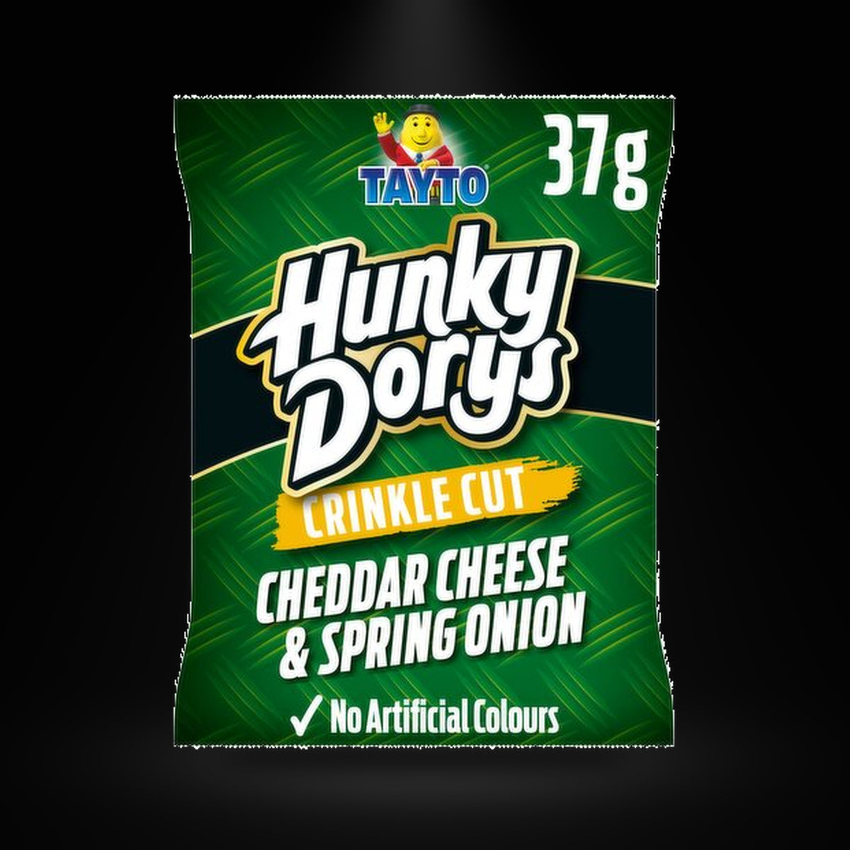 Tayto Hunkey Dory's Cheese&Onion 45G on a black background with an overhead spotlight