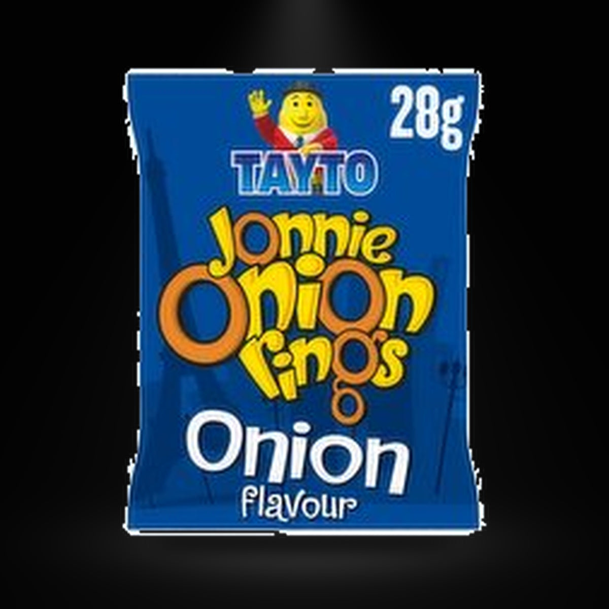 Tayto jonnie onion rings on a black background with an overhead spotlight