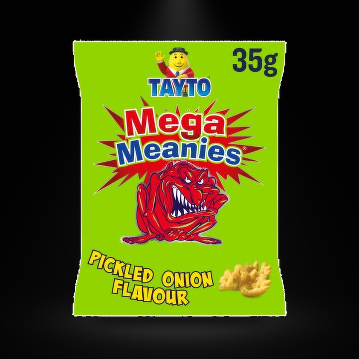 Tayto Meanies 35G on a black background with an overhead spotlight