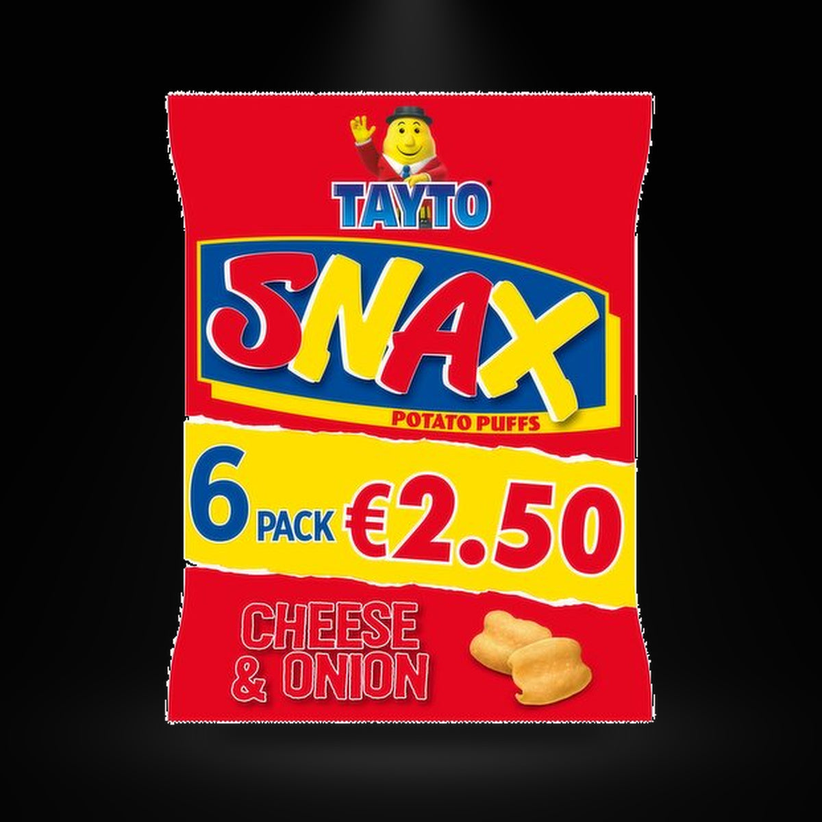 Tayto meanies p onion 6pk on a black background with an overhead spotlight