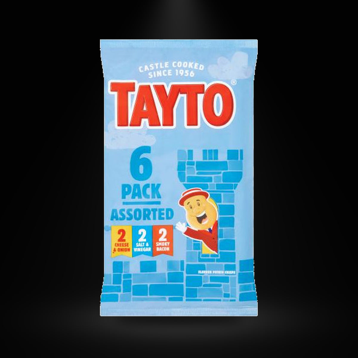 Tayto NI Assorted Crisps on a black background with an overhead spotlight