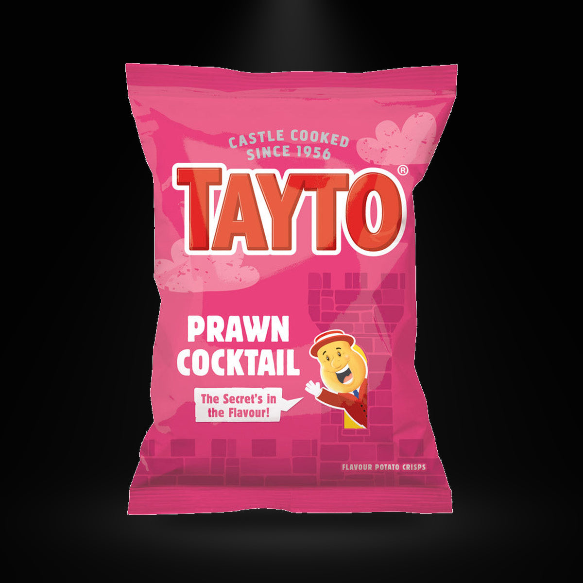 Tayto NI Prawn Cocktail 32.5G on a black background with an overhead spotlight