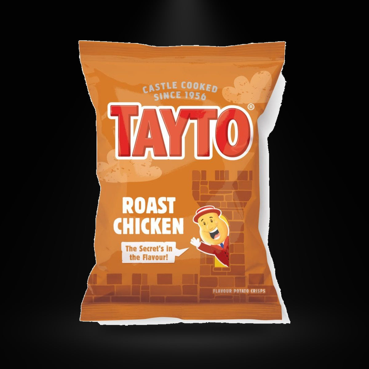 Tayto NI Roast Chicken 32.5G on a black background with an overhead spotlight