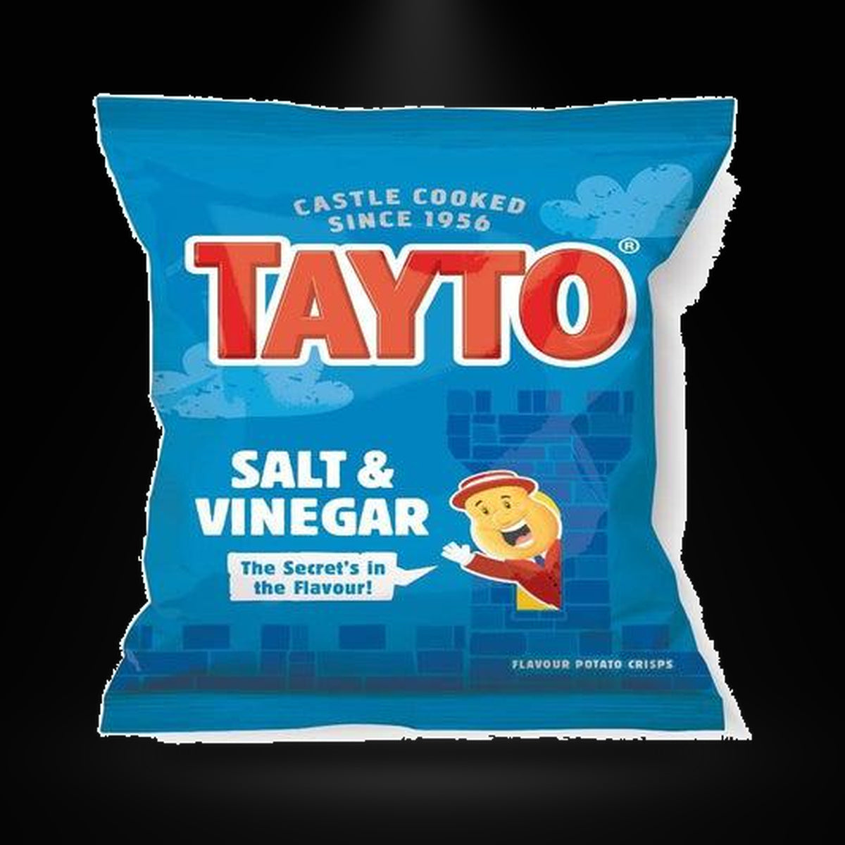 Tayto NI Salt&Vinegar 32.5G on a black background with an overhead spotlight