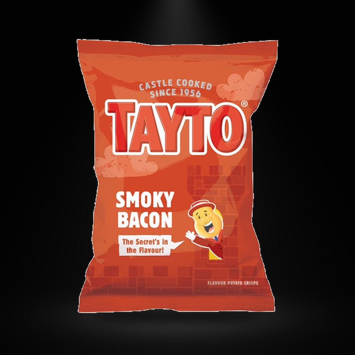 Tayto NI Smoky Beacon 32.5G on a black background with an overhead spotlight