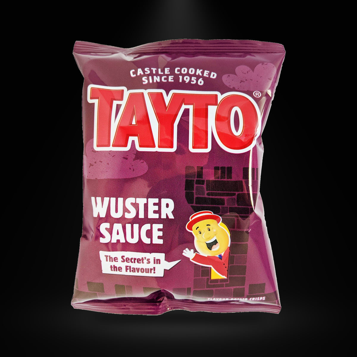 Tayto NI Wuster Sauce on a black background with an overhead spotlight