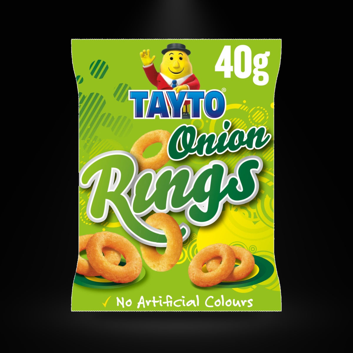 Tayto Onion Rings on a black background with an overhead spotlight