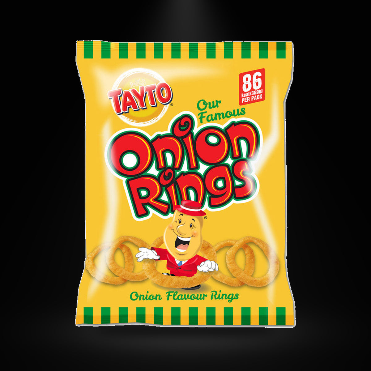 Tayto Onion rings NI on a black background with an overhead spotlight