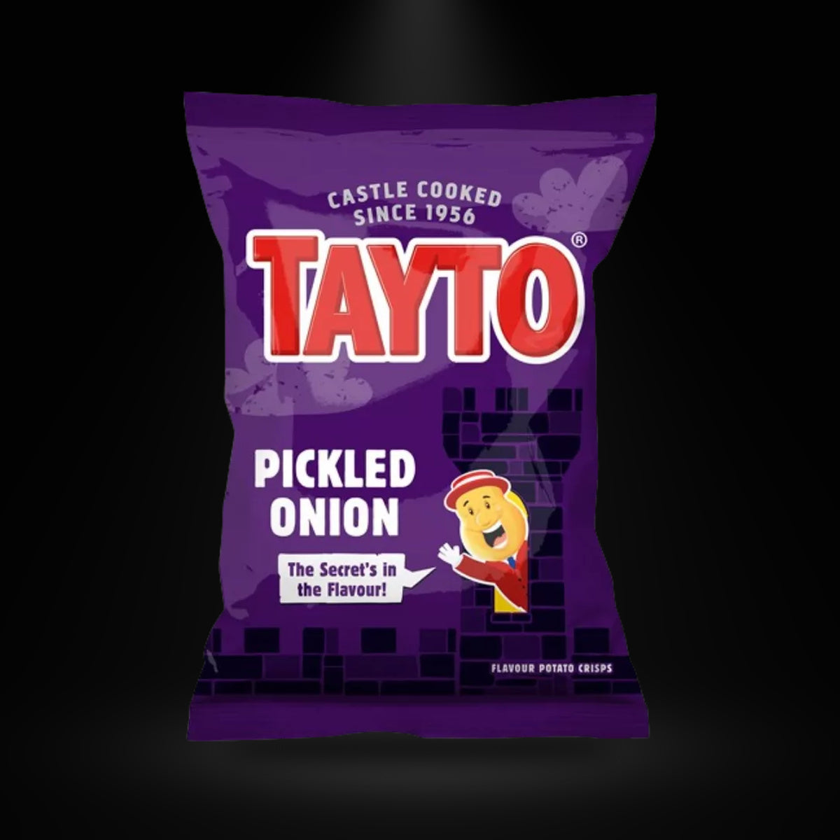 Tayto Pickled Onion 32.5G on a black background with an overhead spotlight
