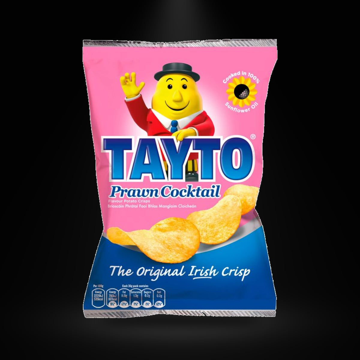 Tayto Prawn Cocktail 37gm on a black background with an overhead spotlight
