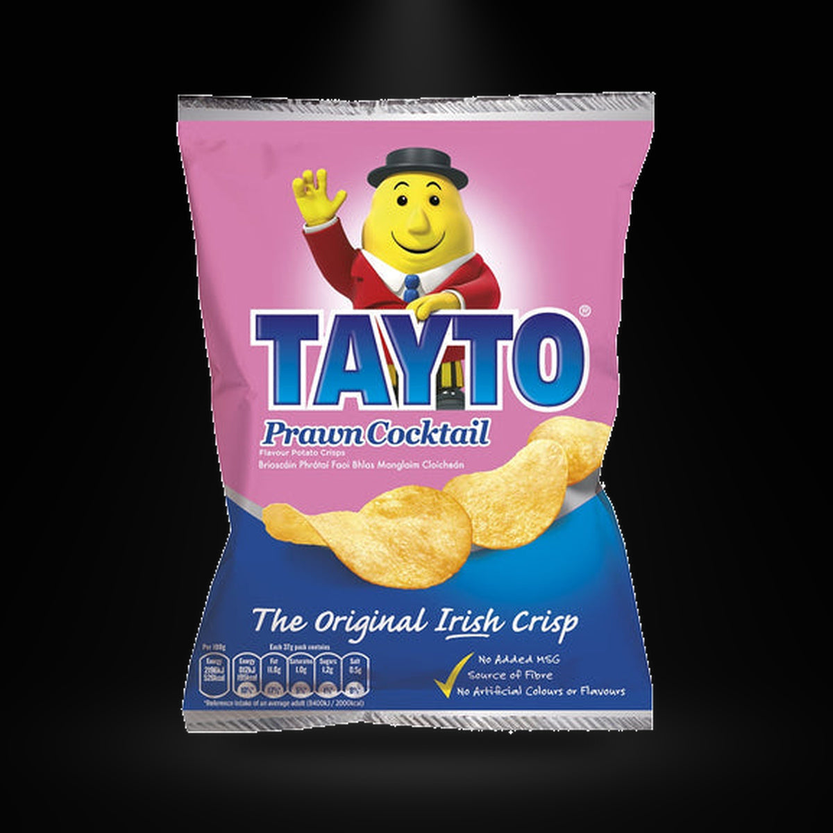 Tayto Prrwan cocktail on a black background with an overhead spotlight
