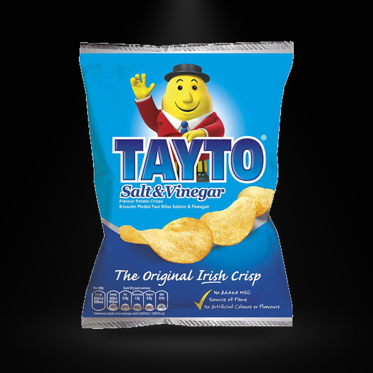 Tayto Salt n Vinegar on a black background with an overhead spotlight