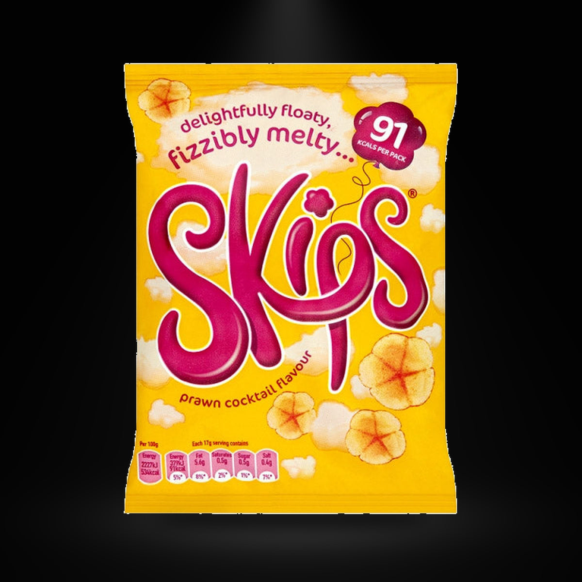 Tayto Skips 17G on a black background with an overhead spotlight