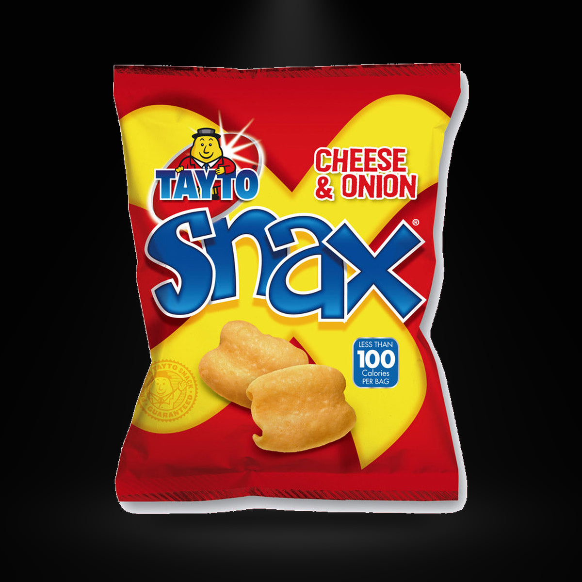 Tayto snax 26G on a black background with an overhead spotlight