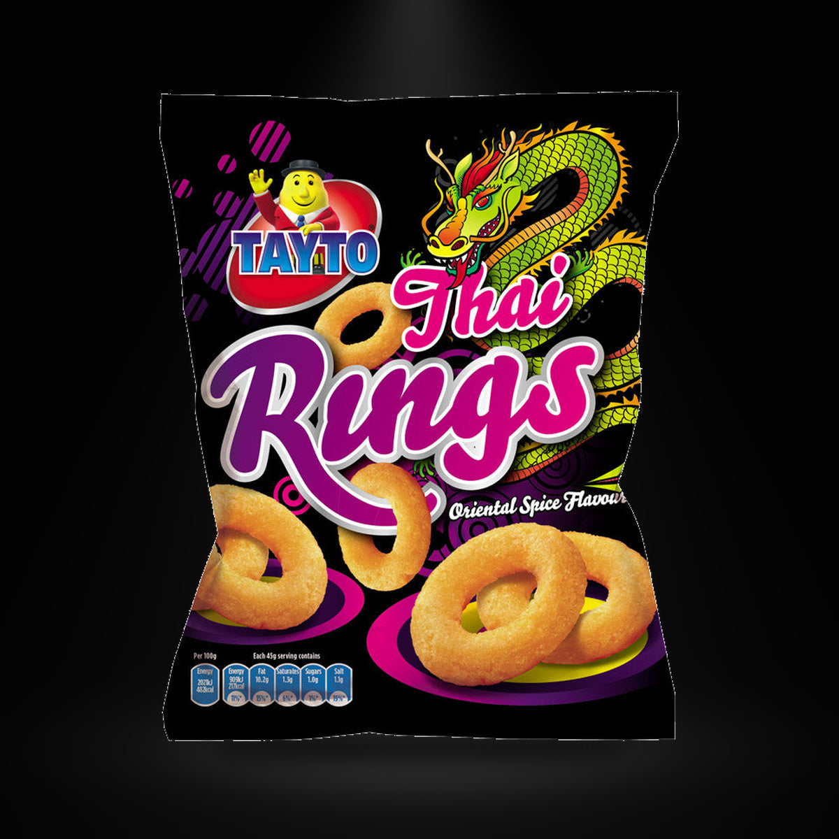 Tayto Thai Rings 40G on a black background with an overhead spotlight