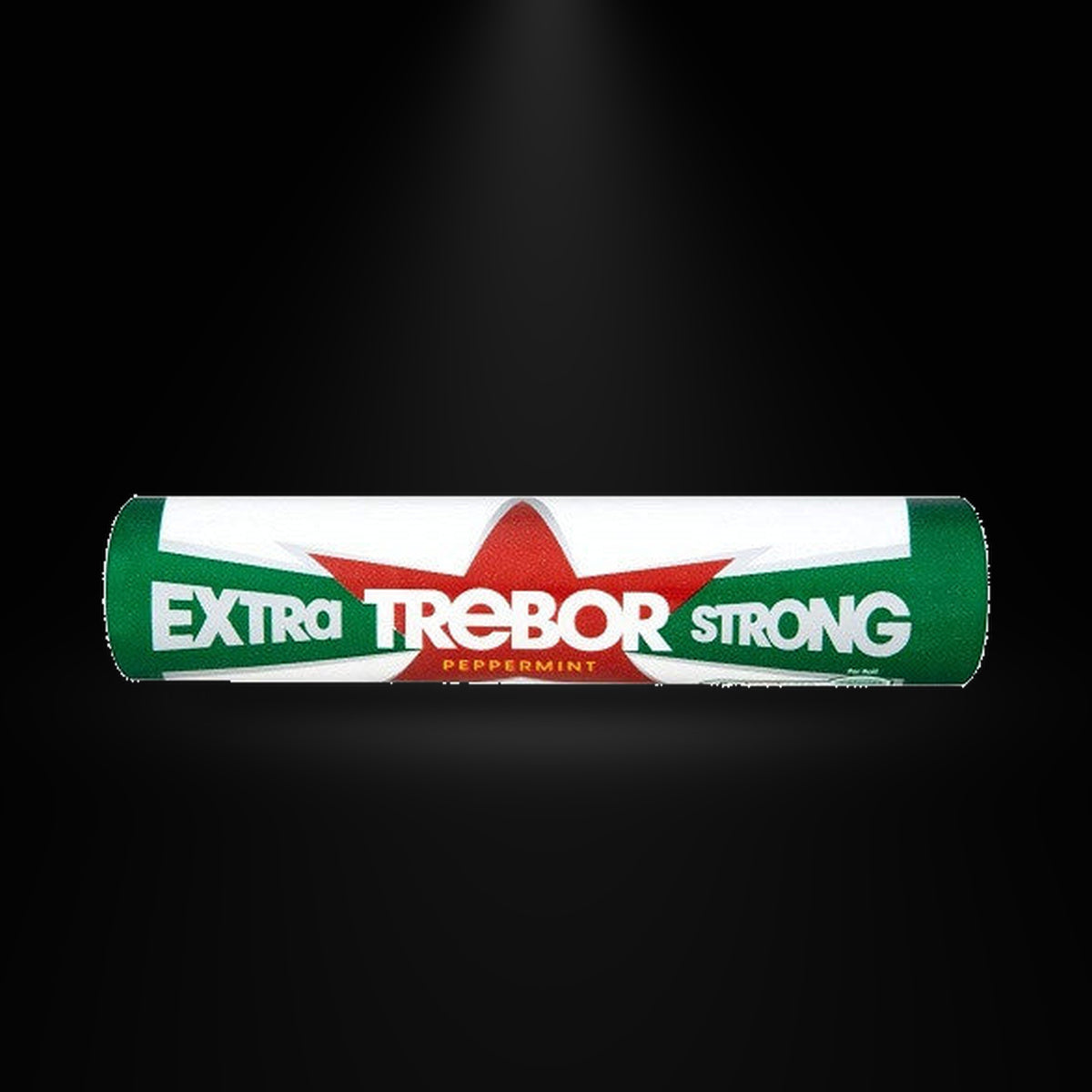 Trebor Extra Strong Mints 41.3g on a black background with an overhead spotlight