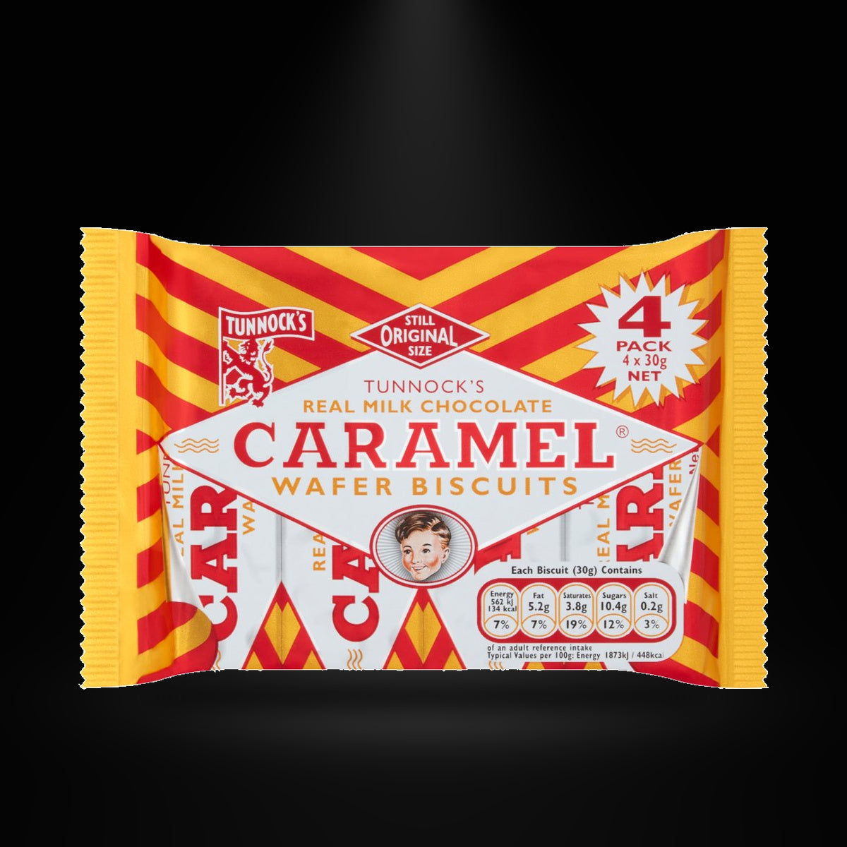 Tunnocks Caramel Wafers 120gm on a black background with an overhead spotlight