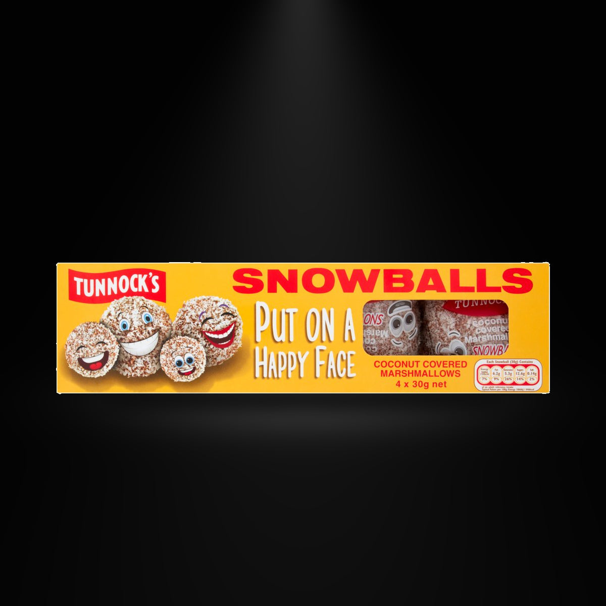Tunnocks Snowballs 120 gm on a black background with an overhead spotlight