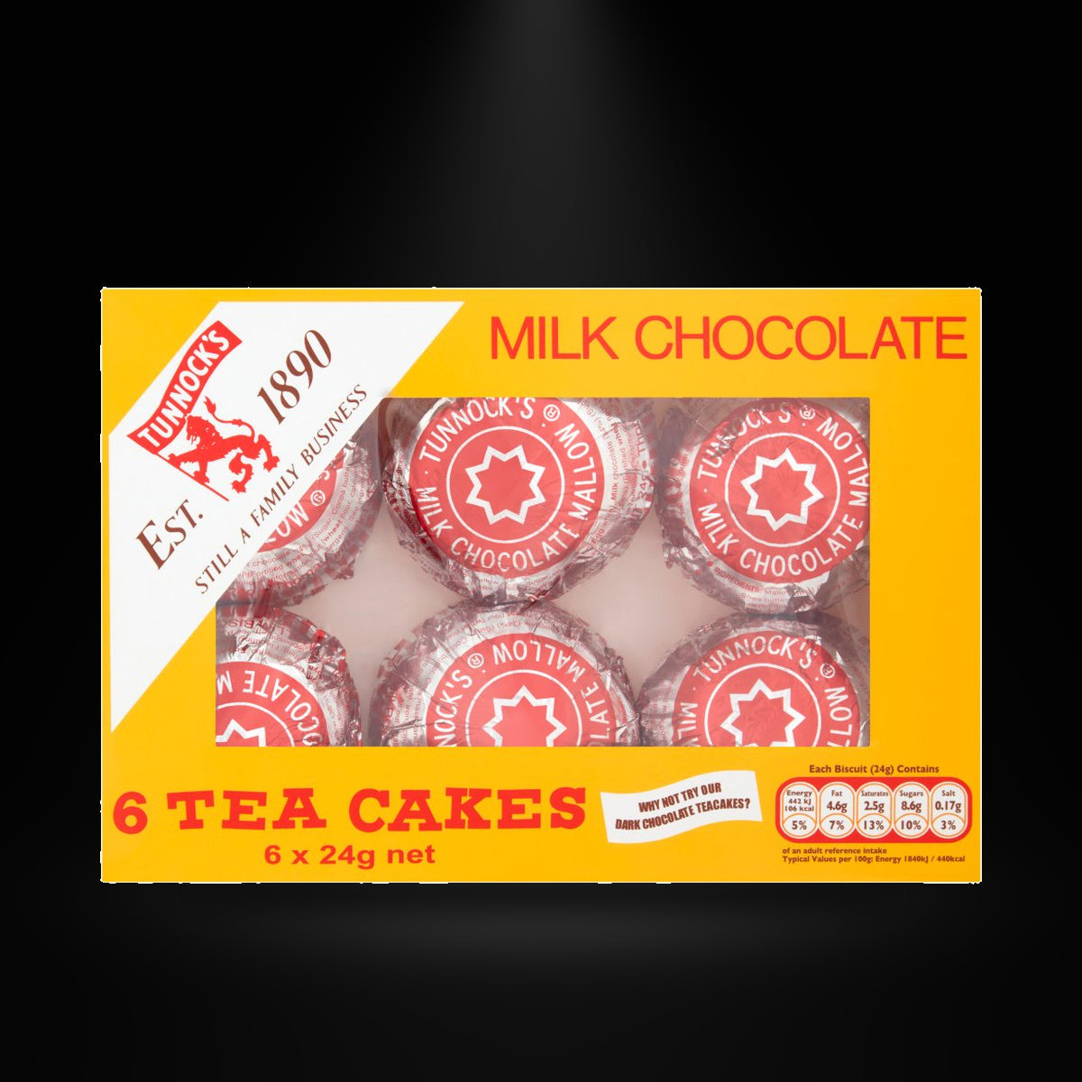 Tunnocks tea cakes on a black background with an overhead spotlight