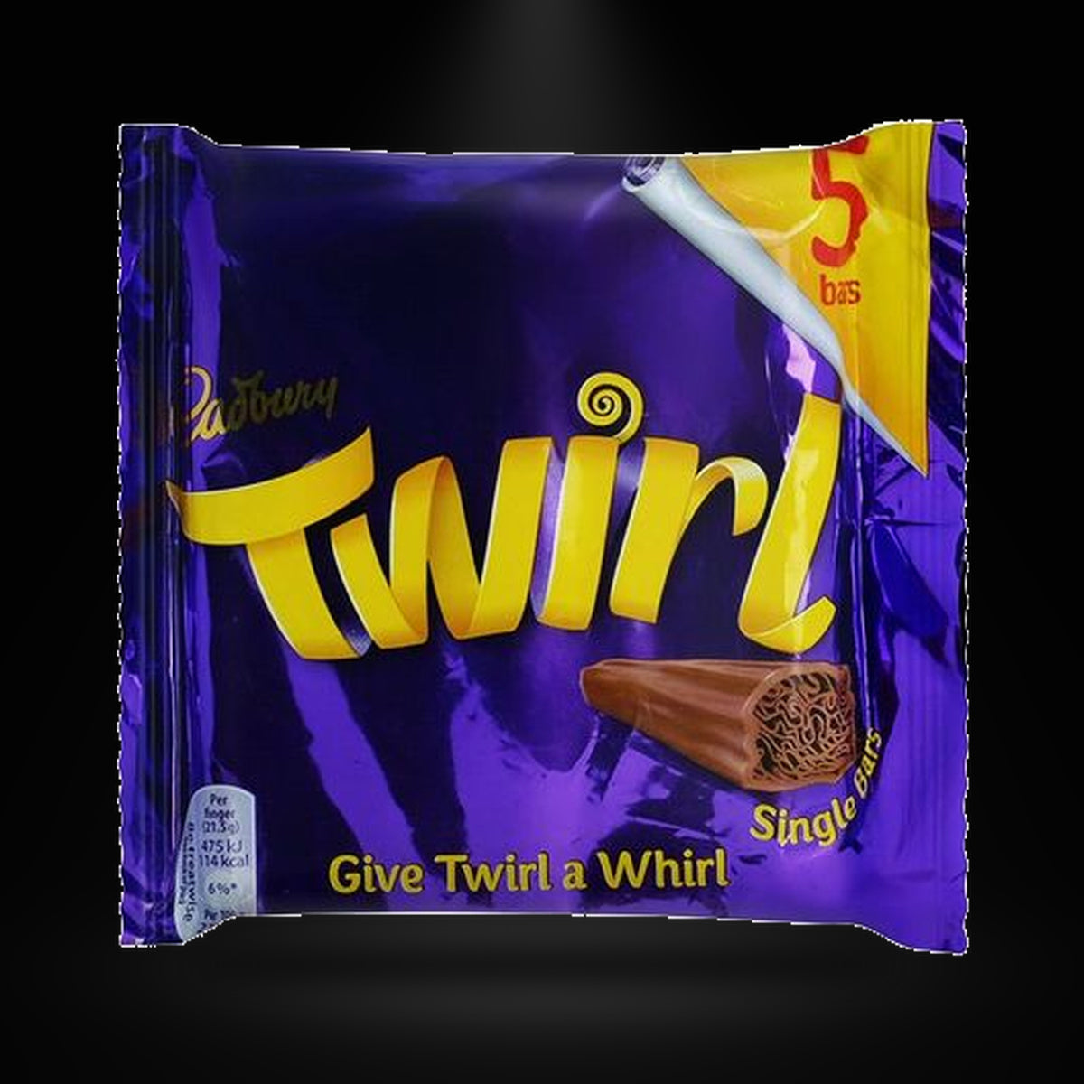 Twirl 5PK 107G on a black background with an overhead spotlight